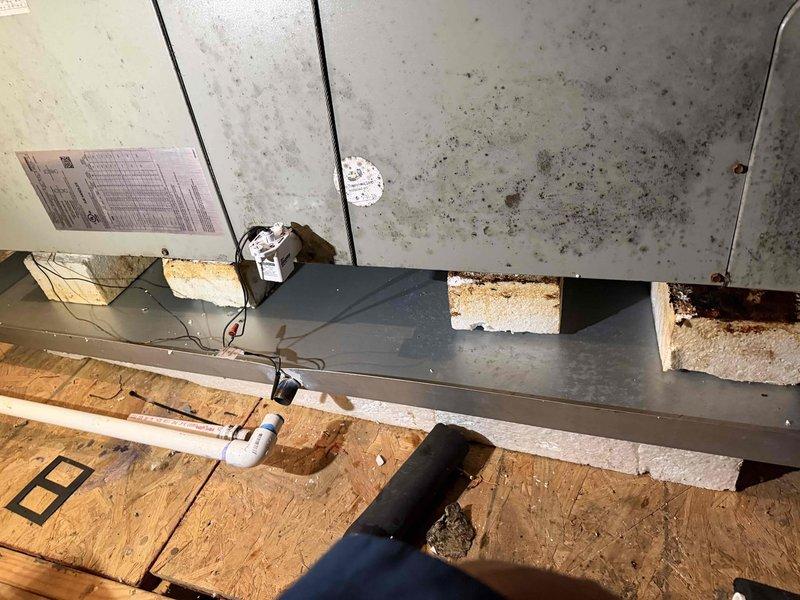 Returned to the attic-installed air handler with a second technician to replace the secondary drain pan and filter base. Found microbial growth on the cabinet panels, moisture and staining beneath the unit, and condensation present in the plenum. Removed and replaced the deteriorated secondary pan and filter base, reset the unit on a stable support, and confirmed the primary drain line and float switch were properly positioned.