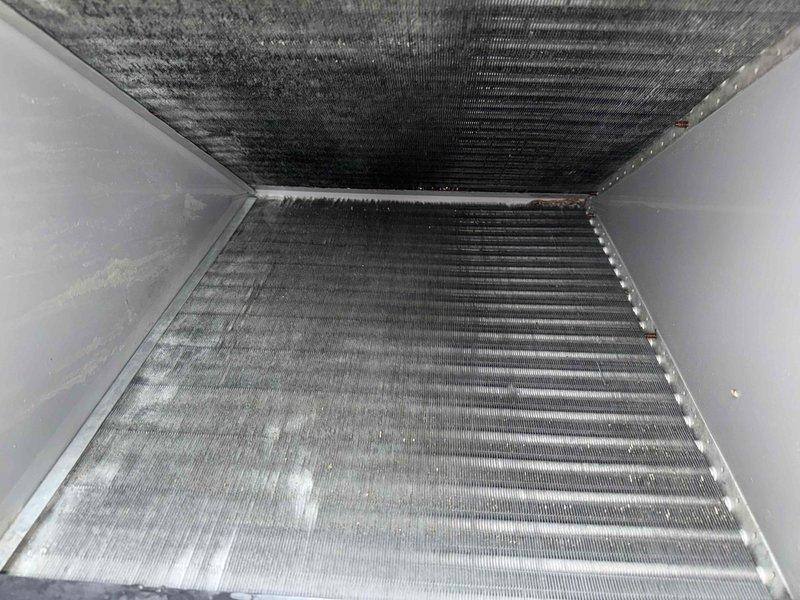 Returned to the site to document the conditions that led to the system's current state. Inspection of the air handler showed heavy dirt and grime buildup on the evaporator coil fins, along with dust and debris accumulation on the cabinet, insulation, and surrounding components. Findings will be documented in writing, citing inadequate filter replacement and system maintenance as the contributing factors.