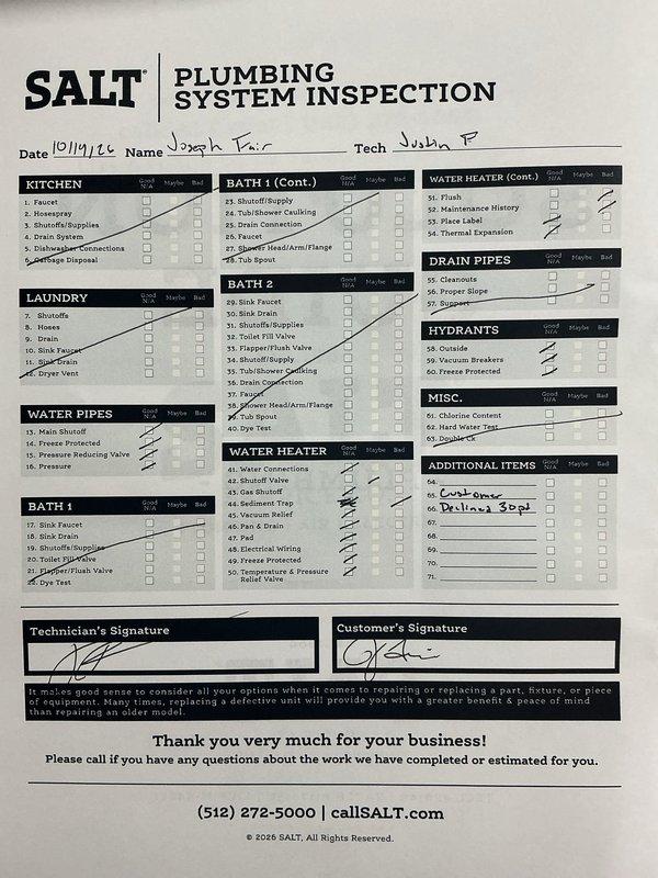 Evaluated an original 20-year-old natural gas Rheem Guardian water heater in the garage that has never been flushed or maintained, and recorded incoming water pressure at 75 psi. Because the unit is well beyond its typical 8–12 year service life, advised that flushing carries a risk of leaks and disturbing sediment; a plumbing system inspection form was completed and the full 30-point inspection was declined, with the water heater flush not performed.