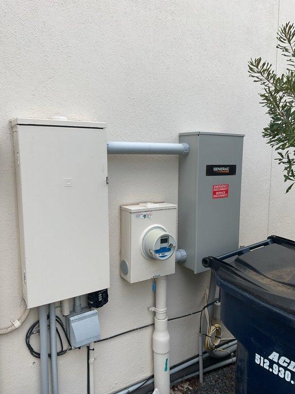 Performed a whole-home electrical maintenance inspection, documenting baseline condition of both service panels: the interior panel cover and the exterior service equipment (meter, service disconnect, and Generac-labeled enclosure). Visual inspection found the exterior equipment and conduit runs free of rust, corrosion, cracks, or physical damage, and the interior panel cover intact and securely fastened with only minor cosmetic wall scuffing, with no deficiencies noted.