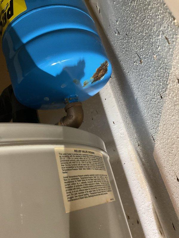 Evaluated an approximately 19-year-old electric tank water heater in the garage that was not producing hot water. Inspected the thermostat assembly and found the thermostat cover with a lint-coated wire and surrounding foam insulation intact, with no evidence of frost, cracks, or rust at the control compartment. Also inspected the thermal expansion tank mounted above the unit and found corrosion and paint loss on the tank body, indicating deterioration of the tank and the unit's advanced age and end of service life.