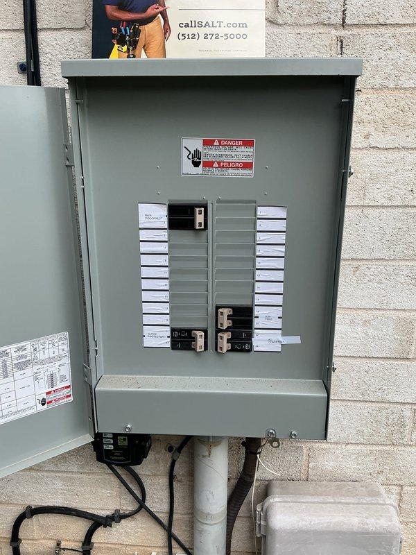 Responded to a reported issue of the garbage disposal switch tripping and then losing function. Inspected the exterior electrical panel, which was found clean and in good condition with no visible rust, corrosion, or damage, and verified the surge protector and breaker configuration. Inspected the GFCI receptacle serving the area, confirming it was properly mounted and free of visible damage.