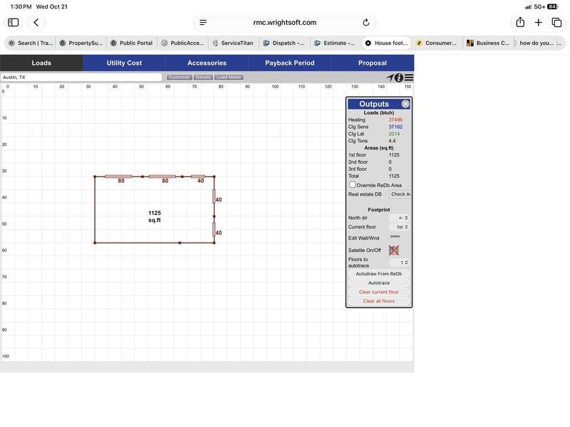 Performed a Manual J-style load calculation for a new ductless mini-split installation in a detached garage (approx. 1,125 sq ft, 1 story, 18 ft ceilings). The model used framed R-13 walls, an uninsulated sloped ceiling, slab-on-grade flooring, 2-pane clear glazing, average infiltration, and no mechanical ventilation. Calculated design loads were approximately 37,496 BTUH heating and 37,162 BTUH sensible cooling (2,014 BTUH latent, ~4.4 tons total), which will guide mini-split system sizing and zoning for the quote, coordinated with the electrical scope for the same space.