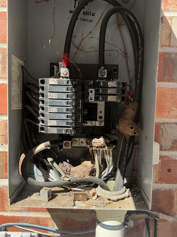 Inspected the exterior electrical panel in response to reported nonfunctioning garage GFCI and outdoor lighting circuits and concerns of overload from added aquarium and landscape lighting loads. Found the enclosure contaminated with dried mud dauber nests, debris, and dried vine growth around the conductors and terminations, with the circuit directory deteriorated and illegible, and several breakers in the OFF position. Documented panel conditions and breaker labeling, and noted the need for enclosure cleaning, circuit directory replacement, and load evaluation of the affected circuits.