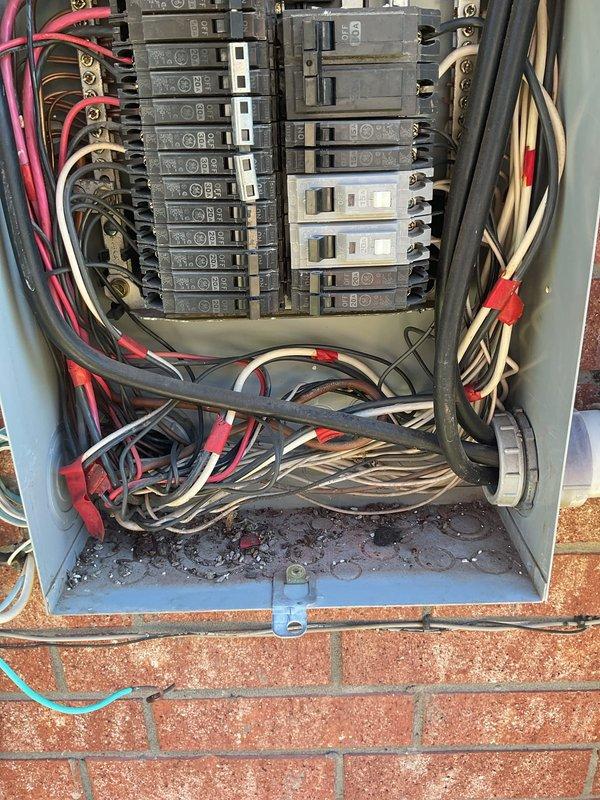 Performed a whole-home electrical maintenance inspection on the single GE main service panel, including the main breaker bank, service entrance conductors and lugs, branch circuit breakers, and conduit entry. The panel enclosure is intact with no evident rust, moisture intrusion, or breakage, and the service conductors and lugs showed no visible damage. Documented a congested, disorganized bundle of branch conductors in the lower enclosure, along with accumulated dirt, debris, and insect residue at the panel base and knockouts, and recommend cleaning and conductor management to support safe long-term operation and establish an electrical baseline for the home.