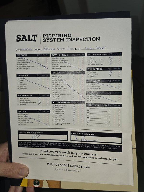 Performed a flush of the gas tankless water heater located in the upstairs closet, servicing the isolation valve assembly (hot, cold, and gas supply connections) to remove sediment and mineral buildup and restore proper heat exchanger performance. Completed a full plumbing system inspection checklist covering the water heater, fixtures, supply and drain piping, and associated components, and reviewed the findings with the customer.