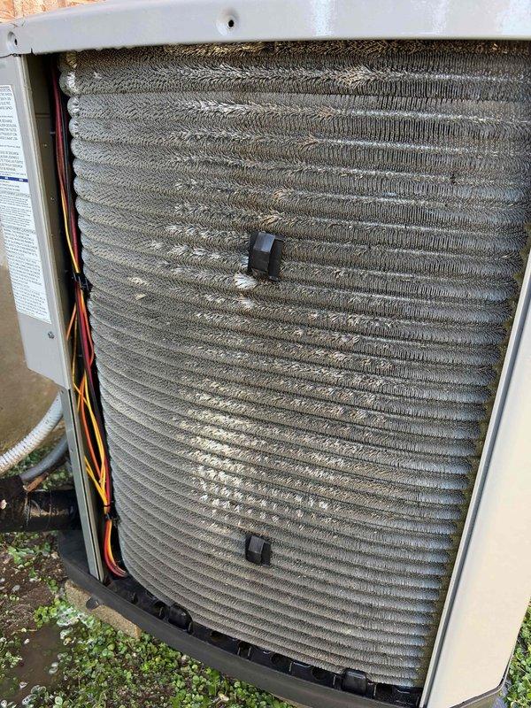 Installed a new 5-ton York furnace with an IAQ 2000 indoor air quality system, and added a float switch to protect against condensate overflow. Replaced the contactor and performed a chemical cleaning of the condenser coil to remove heavy dirt buildup and matted fins, restoring airflow and heat transfer. Verified operation and took system readings during startup to confirm proper performance.