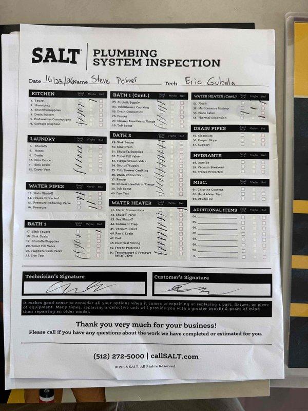 Performed a full plumbing system inspection and water heater assessment for leak-mitigation options. The electric water heater (approx. 10–12 years old) is completely enclosed by HVAC ductwork, which rules out a tankless conversion and limits relocation or service access. Recorded static water pressure at 55 psi and dynamic pressure at 46 psi (9 psi drop), water hardness at 6 GPG, and chlorine at 0.5 ppm. Also identified a slow drip at both master bath faucets when closed, consistent with a failed internal seal in the cartridge or housing, and a stiff, noisy kitchen faucet handle; provided a solution guide with recommendations.