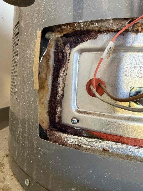 Performed annual maintenance inspection on a single 11-year-old gas tank water heater, including visual assessment of the burner/combustion chamber access area. Noted heavy dust, lint, and debris accumulation with staining and deteriorated, soiled insulation around the combustion chamber cover plate, which can restrict combustion airflow and indicates the unit is aging. Tested household water quality with a pool/spa chlorine and pH test kit as part of a follow-up on prior water softener concerns. Recommend continued monitoring of the water heater's condition and planning for eventual replacement.