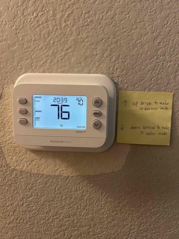 Responded to a no-cooling complaint and inspected the Honeywell Home smart thermostat, which was found operating in Cool mode (setpoint 70°F, indoor temperature 76°F) with the system calling for cooling, as well as in Off mode with fan set to Circulate. Verified thermostat power, display, and Wi-Fi connectivity, and cycled the mode and fan settings to confirm proper control operation. Provided the homeowner with a quick-reference guide for adjusting temperature setpoints.