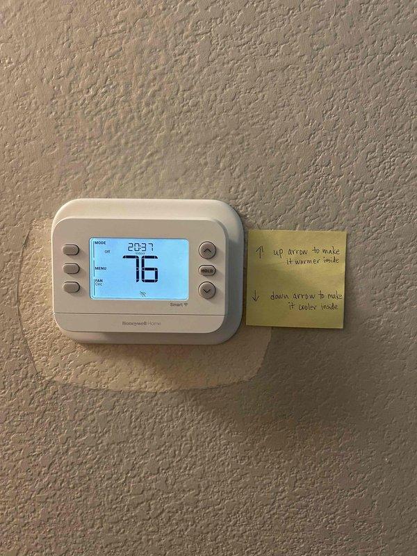Responded to a no-cooling complaint and inspected the Honeywell Home smart thermostat, which was found operating in Cool mode (setpoint 70°F, indoor temperature 76°F) with the system calling for cooling, as well as in Off mode with fan set to Circulate. Verified thermostat power, display, and Wi-Fi connectivity, and cycled the mode and fan settings to confirm proper control operation. Provided the homeowner with a quick-reference guide for adjusting temperature setpoints.