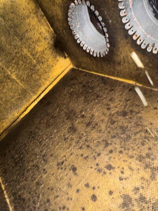 Responded to a no-cooling call with multiple fault codes and inspected the air handler, finding visible microbial growth/staining on the internal fiberglass duct board lining of the plenum and a dust- and debris-laden blower wheel restricting airflow. Documented the contamination of the plenum lining and blower assembly with photos, and the unit's condition should be addressed through cleaning or replacement of the affected components to restore proper airflow and cooling performance.
