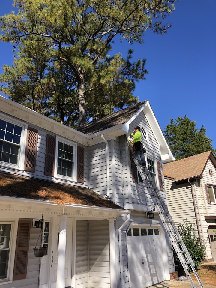 Norfolk, VA - Roof repair, gutters repair, and soffit repair and paint; all where a tree branch fell in Norfolk, VA - Roof repair, gutters repair, and soffit repair and paint; all where a tree branch fell in