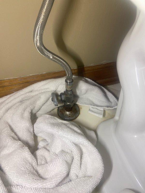 Replaced corroded toilet shut-off valve in main floor bathroom with new quarter-turn valve and installed new braided supply line. Tested water flow and verified proper operation with no leaks at connections.
