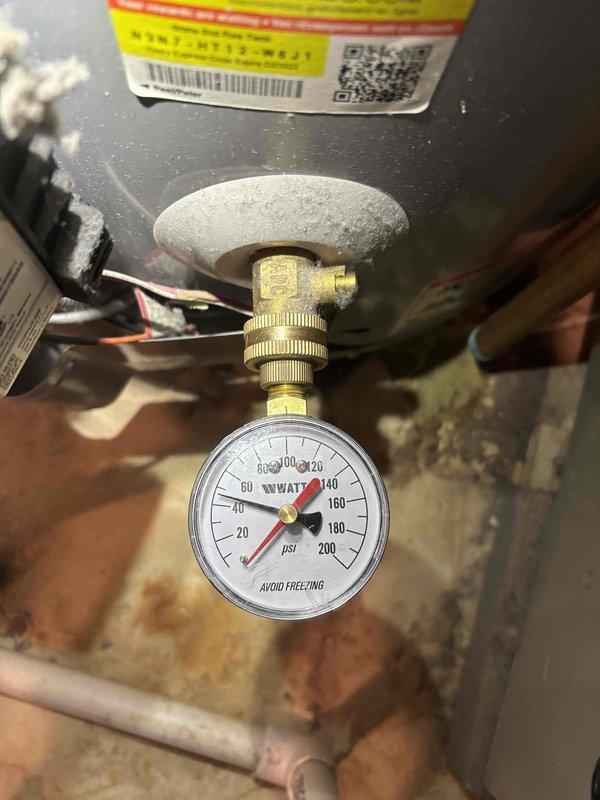 Responded to service call for water heater leaking from relief valve. Diagnostic testing revealed excessive system pressure at 100-110 PSI, well above normal operating range. Adjusted pressure regulator and verified proper T&P valve operation to resolve the leak issue.
