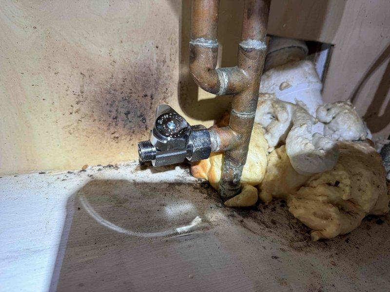 Replaced leaking water shut-off valve for dishwasher. Removed deteriorated foam insulation around copper supply lines and installed new quarter-turn ball valve, securing proper connection to prevent future leaks.