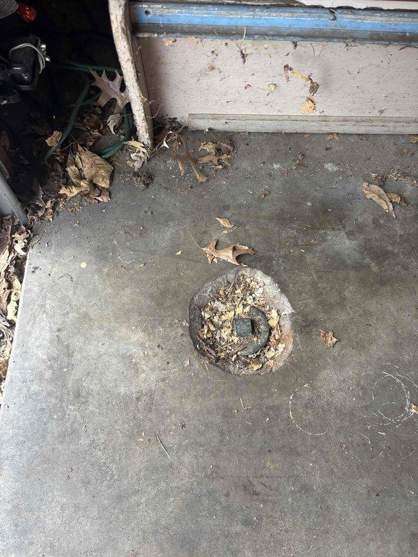 Responded to service call for basement drain backup. Upon inspection, found floor drain completely clogged with compacted organic debris (leaves, dirt). Discovered water damage and possible mold growth on adjacent wooden wall studs, indicating chronic moisture issues. Successfully cleared drain obstruction, restoring proper drainage function.