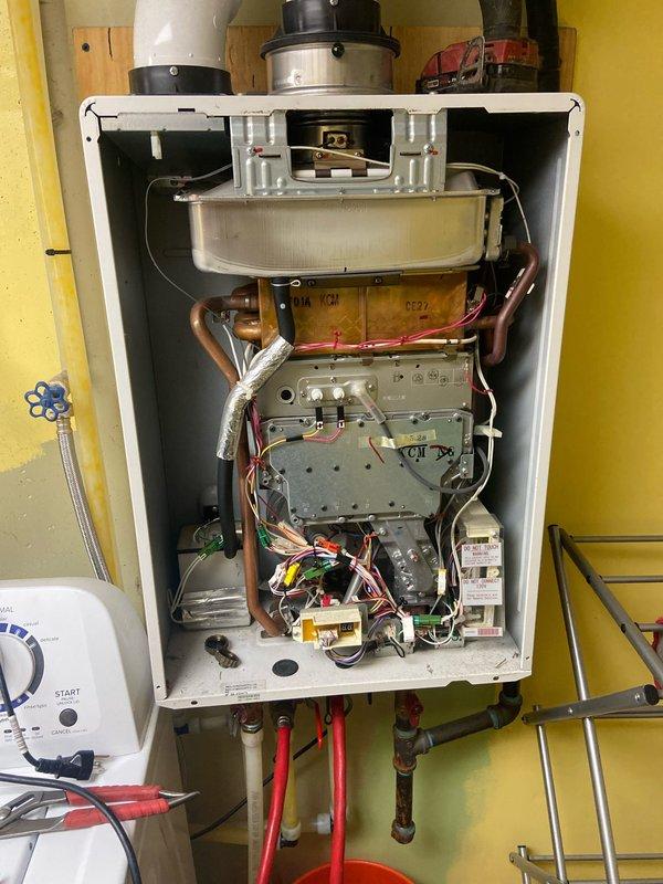 Performed routine maintenance on tankless water heater, including complete system flush. Removed and cleaned sediment filter, which showed significant debris accumulation, to restore proper water flow and system efficiency. Inspected internal components and confirmed all electrical connections and mechanical parts are functioning correctly after service.