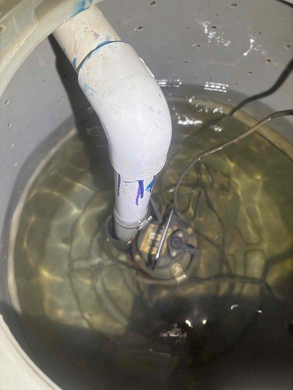 Inspected sump pump system in basement that was triggering intermittent alarms. Found standing water in the basin with significant corrosion and rust on discharge pipe connections. Replaced deteriorated rubber coupling and metal hose clamps on discharge line, adjusted float switch position, and verified proper pump cycling and alarm function before completing service.