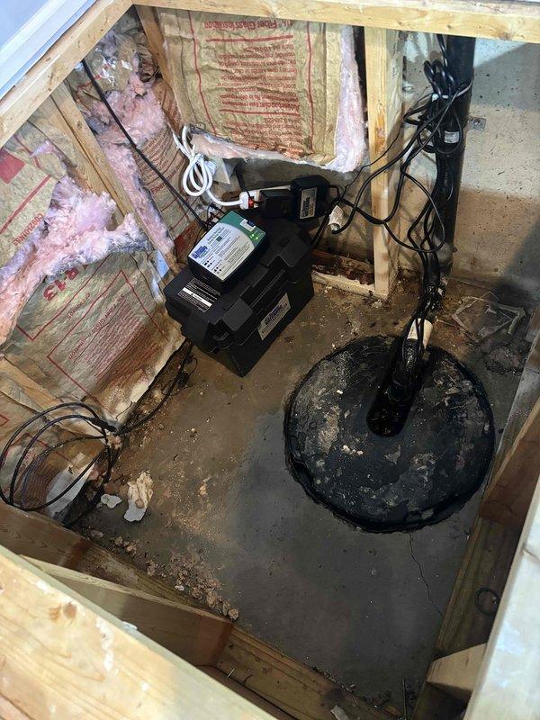 Successfully replaced existing basement sump pump with new unit, ensuring proper electrical connection and secure installation in the sump basin. System was tested for proper operation with drainage functioning correctly, and the work area was left clean with all components properly secured.