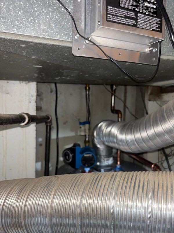 Installed new 50-gallon gas water heater in basement utility area. Completed all necessary gas line connections, water supply piping, venting installation with flexible aluminum ductwork, and electrical wiring to control box. Unit was properly mounted, tested for proper operation, and all connections verified for safety and code compliance.