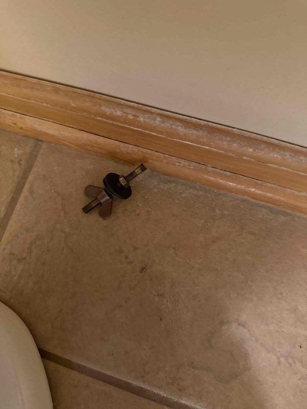 Responded to service call for broken toilet bowl in bathroom. Upon arrival, inspected toilet and found damaged tank-to-bowl mounting hardware. Removed deteriorated rubber cushion bolt assembly from floor. Assessed toilet tank interior condition, noting mineral buildup and corrosion on internal components. Documented existing flush mechanism with float ball system. Completed necessary repairs to restore toilet to proper working condition.