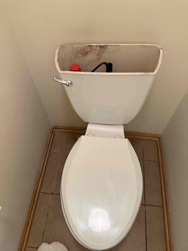 Responded to service call for broken toilet bowl in bathroom. Upon arrival, inspected toilet and found damaged tank-to-bowl mounting hardware. Removed deteriorated rubber cushion bolt assembly from floor. Assessed toilet tank interior condition, noting mineral buildup and corrosion on internal components. Documented existing flush mechanism with float ball system. Completed necessary repairs to restore toilet to proper working condition.