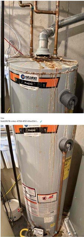 Removed and disposed of existing State brand tank-style water heater showing significant rust corrosion at top connections. Installed Rinnai RXP199 condensing tankless water heater with 96% efficiency rating and 11.00 GPM capacity in utility area. Ran approximately 15 feet of hot and cold Aquapex waterlines from main supply to new unit location. Installed gas supply line using black iron pipe with required tee fittings and two 90-degree elbows, including gas dirt leg and emergency shut-off valve per code requirements. Installed 2-inch PVC venting system for exhaust and fresh air intake, terminating appropriately for optimal unit operation and combustion air requirements. Capped existing gas lines and venting from previous water heater installation. Ran condensate drain line to floor drain with proper air vent installed below unit to prevent trap siphoning. Installed Rinnai-provided check valve on cold water line to enable hot water recirculation system, allowing hot water to return thr