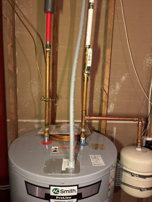 Completed preventative plumbing maintenance inspection on residential water heating system. Tested water quality using chlorine test kit to verify proper sanitization levels and checked all supply lines, shut-off valves, and connections on A.O. Smith ProLine water heater. Verified expansion tank operation and inspected copper piping network for leaks or corrosion; all components found to be functioning within normal parameters.