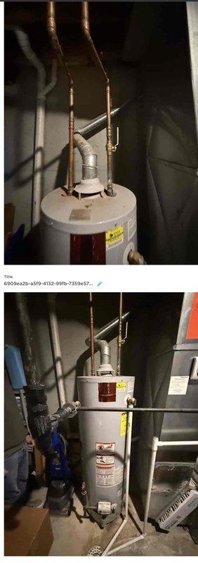 Successfully installed a 50-gallon State ProLine commercial-grade gas water heater with thermal expansion tank in the basement utility room. All copper supply line connections were completed at the top of the unit with appropriate shut-off valves, and the yellow flexible gas line was properly connected to the gas control valve assembly at the base. The installation includes all required safety labels, proper venting, and the unit was tested for proper operation upon completion.