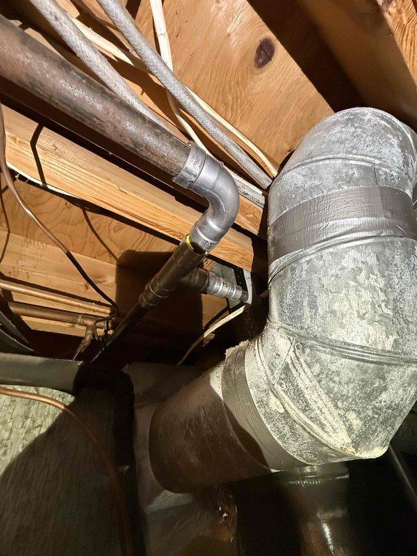 Removed existing gas line from basement unfinished area and installed new gas line, reconnecting to furnace and water heater. Conducted air pressure test on gas line to verify system integrity and ensure no leaks were present. Upon successful completion of pressure testing with satisfactory results, advised that gas company should be contacted to perform their inspection and restore gas service to the property.