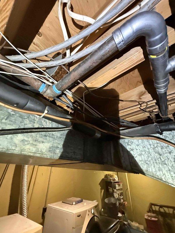 Removed existing gas line from basement unfinished area and installed new gas line, reconnecting to furnace and water heater. Conducted air pressure test on gas line to verify system integrity and ensure no leaks were present. Upon successful completion of pressure testing with satisfactory results, advised that gas company should be contacted to perform their inspection and restore gas service to the property.