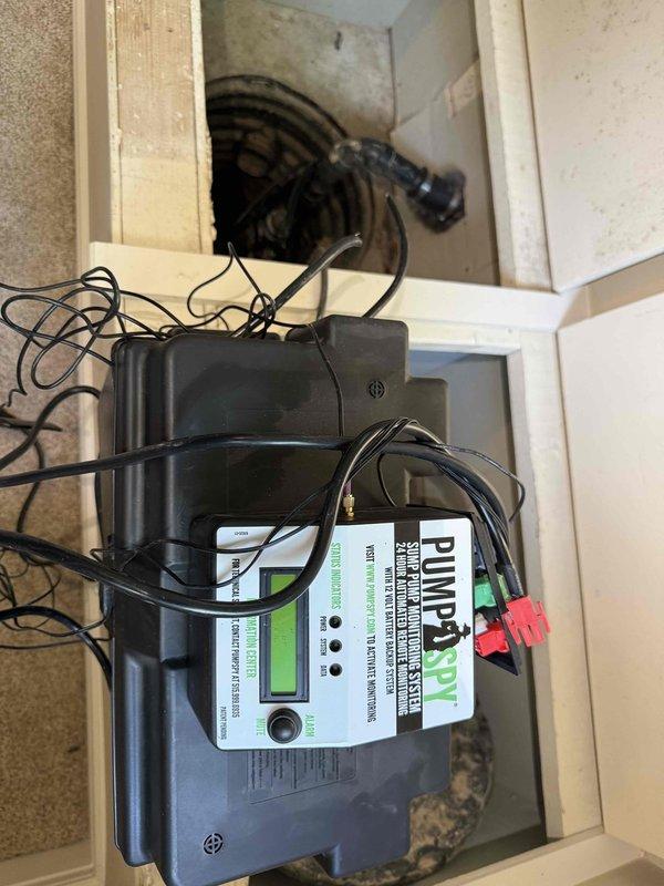 Installed a new 1/2 HP energy efficient permanent split capacitor (PSC) sump pump system with backup capabilities in basement floor basin. The primary pump provides 3,540 GPH capacity at 10 ft. lift and 4,400 GPH at 0 ft. lift, while the backup system delivers 1,850 GPH at 10 ft. lift and 2,500 GPH at 0 ft. lift. Integrated PUMPspy monitoring system with digital display for real-time pump performance tracking, connected all electrical wiring and discharge piping, and verified proper operation of both primary and backup pumps.