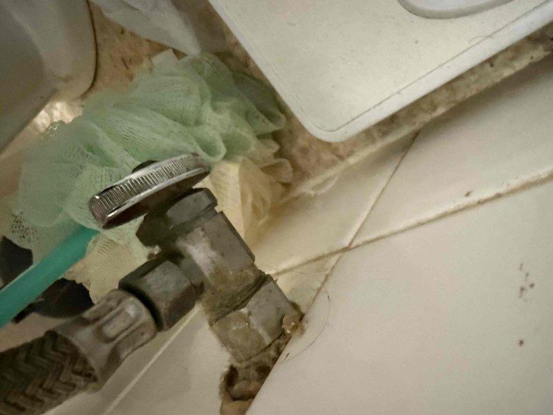 Performed leak location service in basement and identified source of water intrusion causing mold growth at washing machine supply line connection. Inspected upstairs toilet with continuous running issue and assessed flush valve assembly, float mechanism, and defective shut-off valve requiring replacement. Documented plumbing deficiencies with photographic evidence showing compromised hose connection with improper mesh material present and internal tank components including pink float assembly and flush valve mechanism.