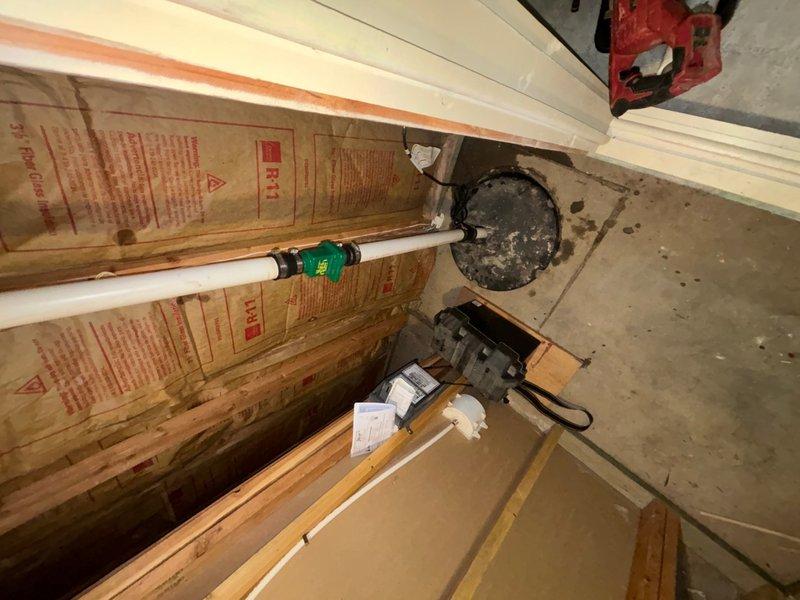 Replaced existing sump pump with new 1/3 HP unit in basement sump pit. Installed pump with proper discharge piping connections using PVC fittings and verified secure mounting and electrical connections. Tested system operation to ensure proper float activation and water discharge functionality.