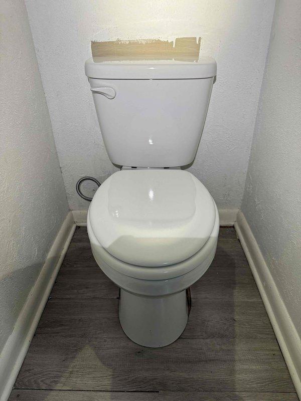 Picked up new Gerber Maxwell toilet from KC Winnelson and completed installation at commercial facility. Removed existing toilet, installed new unit with fresh wax ring seal, and connected water supply line with shut-off valve. Verified proper operation and leak-free connections upon completion.
