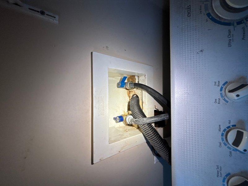 Responded to a 30-minute notice call for plumbing maintenance. Upon arrival, inspected washing machine outlet box connections with dual shut-off valves and supply lines, then examined HVAC drain line routing across mechanical room floor to ensure proper drainage and prevent system overflow issues.