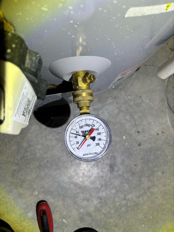 Performed routine plumbing maintenance visit including water pressure testing and fixture operation verification. Tested water heater system pressure using calibrated gauge, confirming readings within normal operating parameters, and verified proper function of sink faucet with adequate water flow and no leaks detected at fixtures or connections.