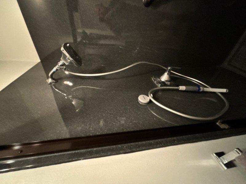 Installed customer-supplied showerhead with chrome finish and multi-spray nozzle pattern on adjustable curved arm mounting bracket. Connected fitting for hose hookup to complete installation, ensuring proper water flow and secure connections throughout the fixture assembly.