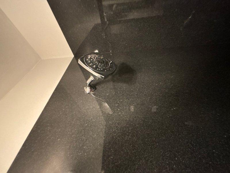 Installed customer-supplied showerhead with chrome finish and multi-spray nozzle pattern on adjustable curved arm mounting bracket. Connected fitting for hose hookup to complete installation, ensuring proper water flow and secure connections throughout the fixture assembly.