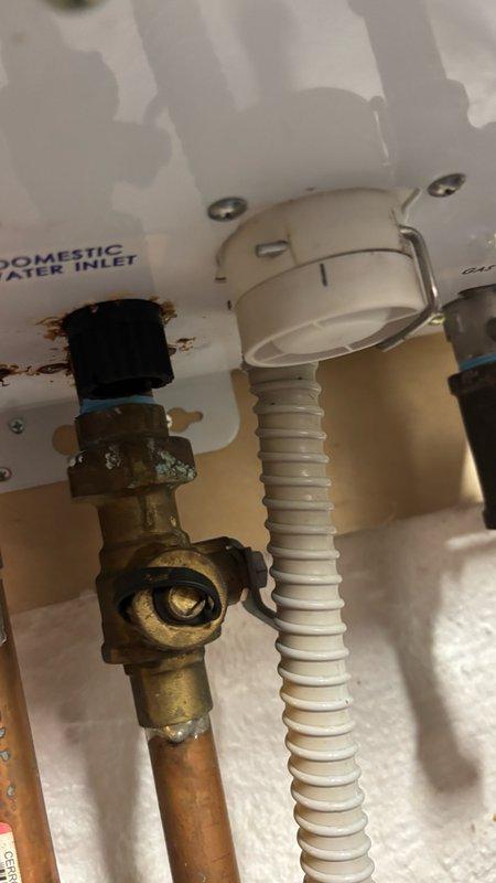 Diagnosed Navien 240A tankless water heater with condensation syphon failure. Sold repair estimate for condensation syphon replacement part, which is currently being ordered and is available at the shop. Unit inspection revealed corroded brass fittings and oxidation on water inlet connections, documented system condition with photographs for repair completion upon part arrival.