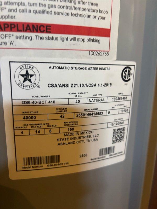 Installed a STATE 40-gallon natural gas water heater (Model GS6-40-BCT 410) with 40,000 BTU/HR input and 42 GPH recovery rate in the basement utility area. Installation included a thermal expansion tank mounted adjacent to the unit and a ball valve emergency shut-off for safety compliance. All copper supply lines, gas connections, and venting were properly configured per manufacturer specifications, with the system tested and verified operational upon completion.