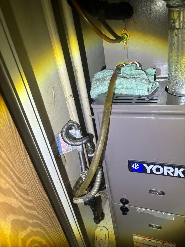 Responded to clogged drain issue in furnace room area. Upon arrival, located floor drain adjacent to YORK HVAC unit showing signs of blockage and moisture accumulation. Cleared obstruction from drain line using appropriate drain cleaning equipment, restoring proper water flow and drainage function. Inspected surrounding plumbing connections and copper lines servicing the heating unit to ensure no additional drainage concerns. Verified drain is now flowing freely and tested system to confirm proper operation.