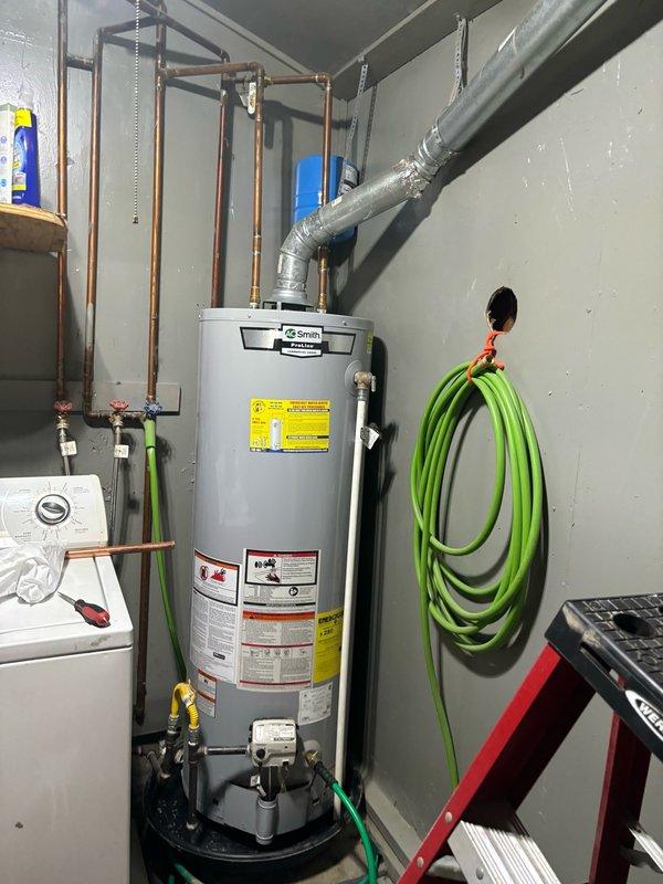 Replaced the temperature and pressure relief valve on the residential water heater to ensure proper safety operation. Installed a new expansion tank to the plumbing system to accommodate thermal expansion and protect against excessive pressure buildup in the closed water heating system. All connections were properly secured with appropriate fittings, and the system was tested for leaks and proper functionality upon completion.