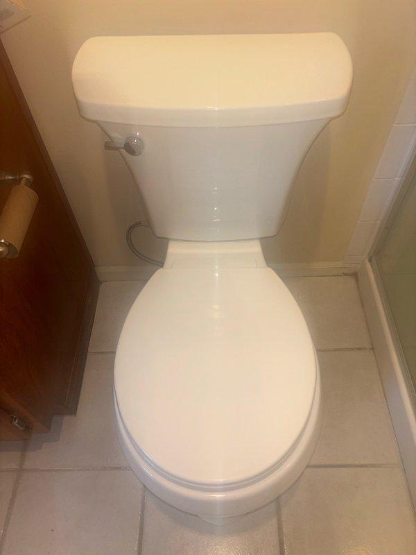 Responded to reported leaking in guest bathroom shower and toilet. Performed leak location inspection of toilet, removed tank lid and inspected internal flush valve assembly, flapper valve, and fill valve components for signs of water loss or malfunction. Documented toilet condition and internal tank mechanisms with photographs showing standard two-piece toilet with chrome flush handle and internal components including black rubber flapper and flush valve assembly with float mechanism. Customer had new shower head and knobs available for installation to address shower leak.