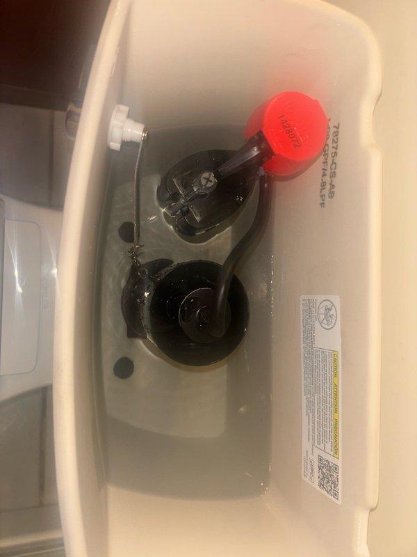 Responded to reported leaking in guest bathroom shower and toilet. Performed leak location inspection of toilet, removed tank lid and inspected internal flush valve assembly, flapper valve, and fill valve components for signs of water loss or malfunction. Documented toilet condition and internal tank mechanisms with photographs showing standard two-piece toilet with chrome flush handle and internal components including black rubber flapper and flush valve assembly with float mechanism. Customer had new shower head and knobs available for installation to address shower leak.