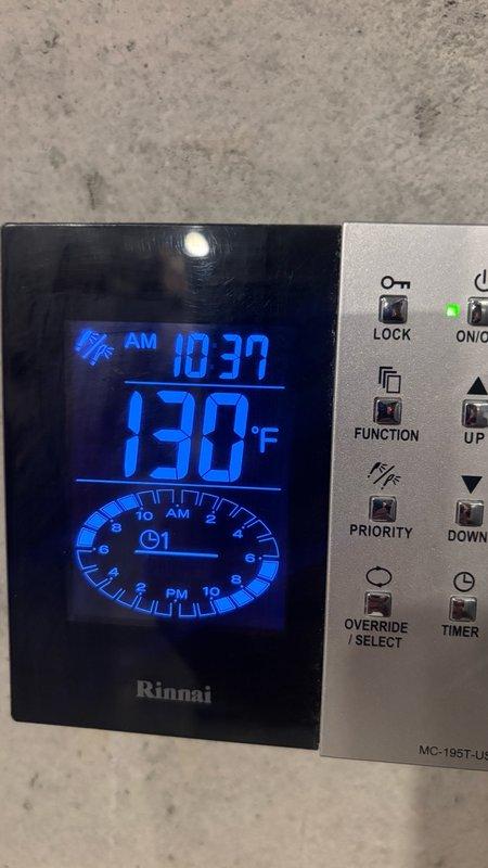 Completed preventative plumbing maintenance on Rinnai tankless water heater system, including full system flush and descaling procedure to remove mineral buildup and maintain optimal performance. Performed Puronic water softener treatment and verified all electrical connections, control panel functions, and safety components. System tested at 130°F operating temperature with all valves, pressure relief mechanisms, and shutoff points confirmed operational.