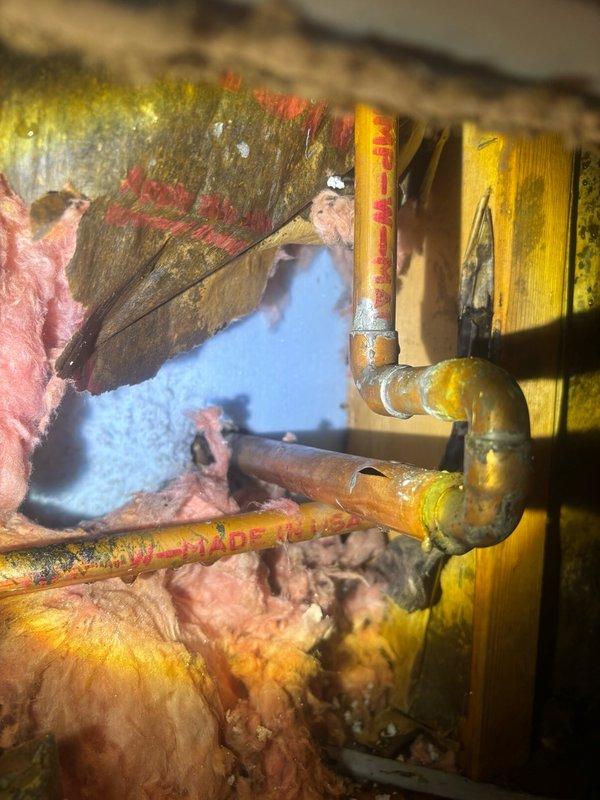 Responded to a leak locate service call where the hose bib was initially leaking externally and was shut off by HVAC personnel, resulting in water leaking inside the wall cavity. Upon inspection, accessed the interior wall space and located the affected copper piping assembly between wall studs. The copper pipes showed significant age-related oxidation and patina, indicating an older plumbing installation. Documented the condition of the piping system, including soldered joints and fittings, to identify the source of the interior leak caused by shutting off the exterior hose bib valve.