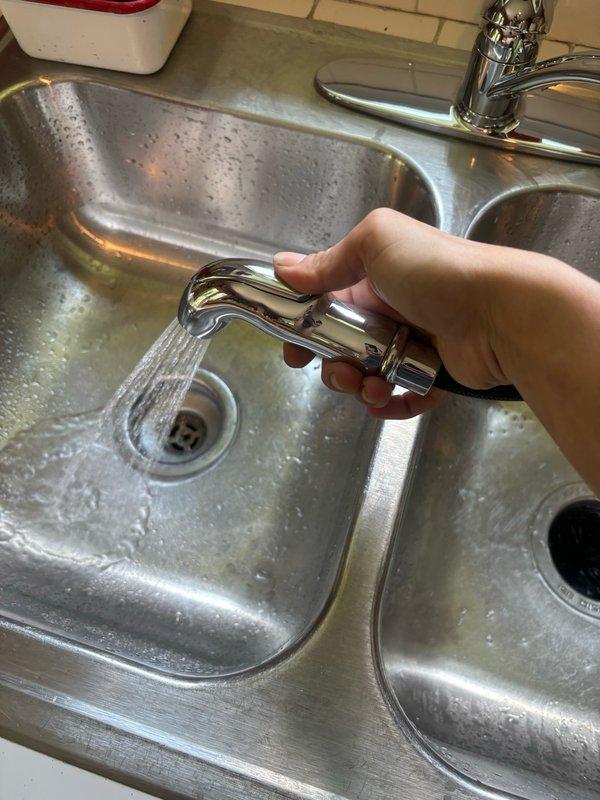 Installed customer-supplied chrome kitchen faucet with pull-down spray attachment on double-basin stainless steel sink. Completed installation, tested water flow and spray function to verify proper operation, and ensured all connections were secure with no leaks detected.