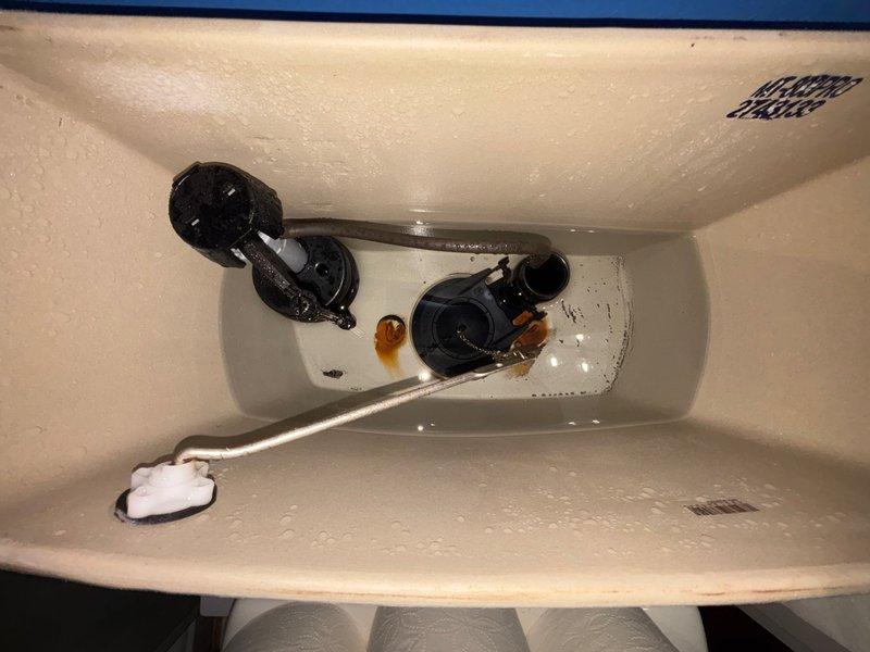Completed comprehensive plumbing inspection of residential property. Identified two toilets with continuously running water caused by faulty fill valves and deteriorated flapper assemblies, evidenced by mineral buildup and rust staining in tank components. Documented shower valve assembly and noted significant water damage with mineral deposits on recessed soap dish, indicating potential grout seal failure requiring future attention.